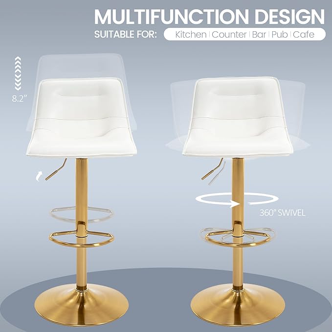Brage Living Adjustable Bar Stools Set of 2, Modern PU Leather Swivel Counter Height Barstools with Back, Armless Airlift Curved Bar Chairs for Kitchen Dining Cafe (Pearl White, Gold Base)
