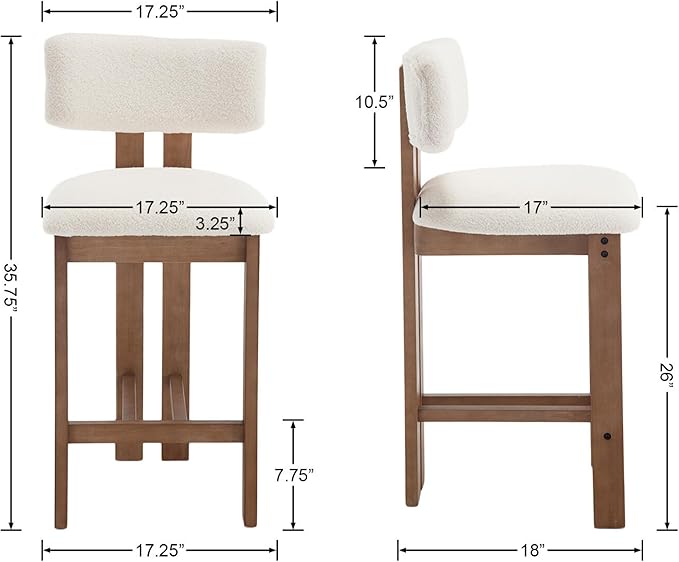 Upholstered Farmhouse Counter Height Bar Stools Set of 4 White Sherpa Barstools with Back/Solid Wood Legs, Modern Bar Chairs for Kitchen Island/Home Bar/Pub, 26 Inch