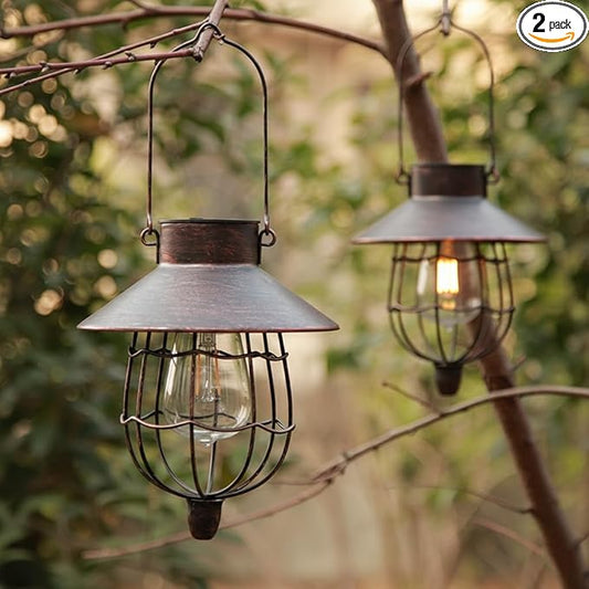 YAKii 2 Pack Solar Lantern Hanging Waterproof Outdoor Metal Solar Lamp with Warm White Light Decorate for Yard Garden Pathway Patio Porch Decor (Antique Copper)