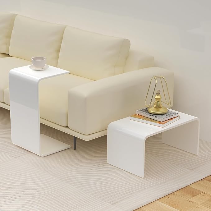 Acrylic Coffee Table for Small Couch, Premium Coffee Tables for Living Room, Modern Waterfall White End Table with Round Edges, Bedroom, Bathroom, Office (24"x15"x12")