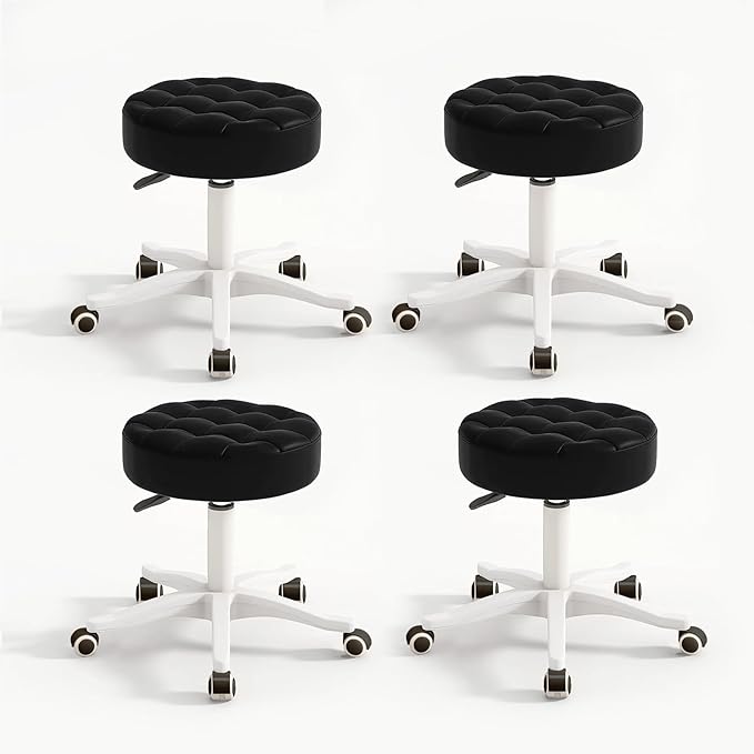 Small Chair Round Rolling Stool with Wheels PU Leather Height Adjustable Swivel Drafting Work SPA Salon Stools Home Office Chair,4 Pack