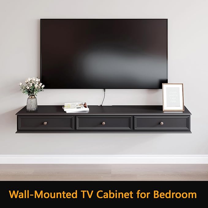 70-inch Wall-Mounted TV Stand, Accommodates 50- to 75-inch TVs, Features Hidden Cable Management, high Weight Capacity, and Space-Saving Black Floating TV Stand