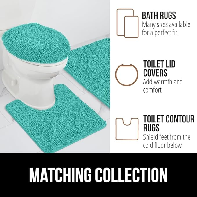 GORILLA GRIP Plush Absorbent Shaggy Chenille Bath Rug Mat for Oval Toilet Base with Rubber Backing, Machine Washable Rugs, Soft Microfiber Contour Mats for Toilets, Bathroom Decor, Turquoise