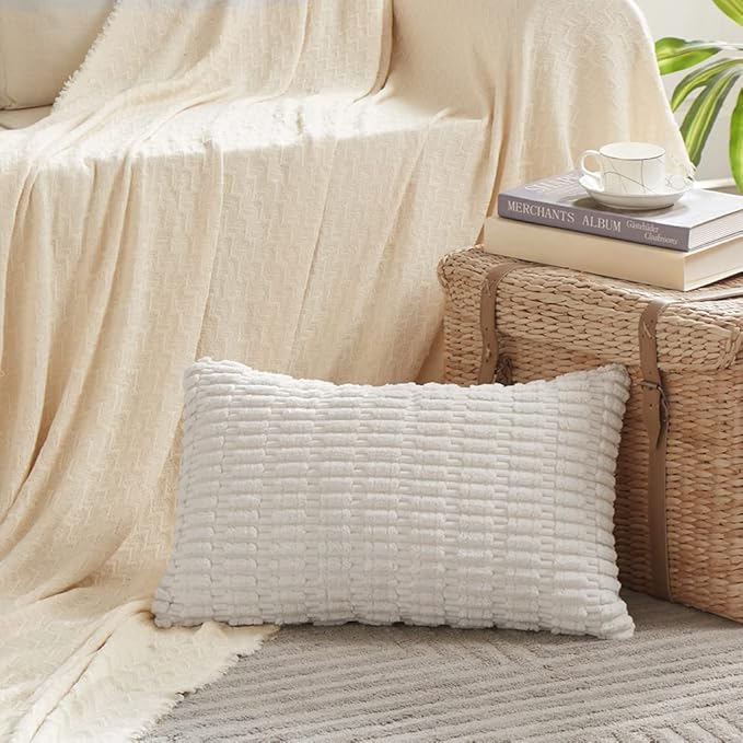 Fancy Homi 4 Packs Pure White Decorative Throw Pillow Covers 12x20 Inch for Living Room Couch Bed, Rustic Modern Farmhouse Boho Home Decor, Soft Plush Corduroy Cute Accent Square Cushion Case 30x50 cm