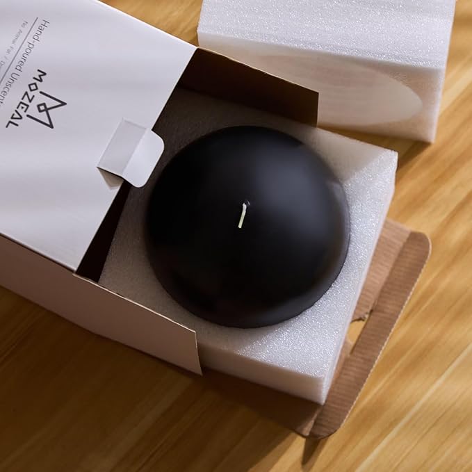 MOZEAL Hand-Poured, 6 Inch Black Large Round Ball Candles - Elegant Black Round Pillar Candles, Dripless, Unscented, Smokeless, Ideal for Halloween Decor.