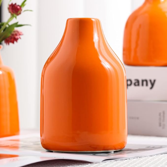 Small Vase Set of 3 for Modern Home Decor,Ceramic Vases for Centerpieces Flower Vases for Living Room Wedding/Dinner Table/Party -Orange