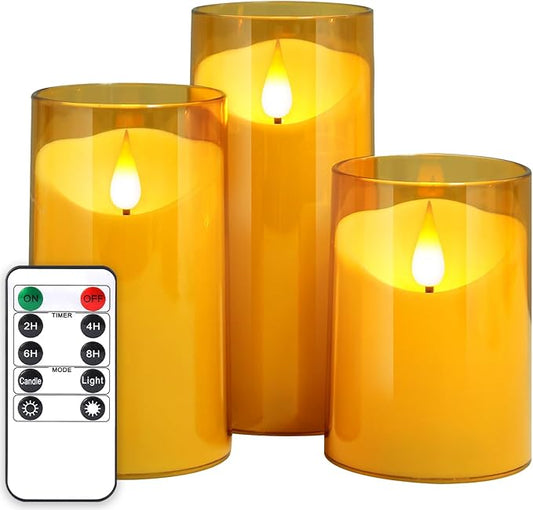 NURADA Flameless Candles: 3D Wick Battery Operated LED Pillar Candles - Acrylic Fake Candle Set for Home Decoration Romantic Ambiance - 3 Pack Gold