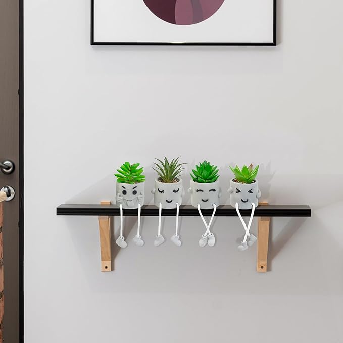 Set of 4 Small Faux Succulents in Cement Pots with Hanging Legs, Potted Mini Fake Plants for Desk, Office Cubicle, Kitchen, Bathroom, Wall Shelf Decor, Room & Bookshelf Ornament