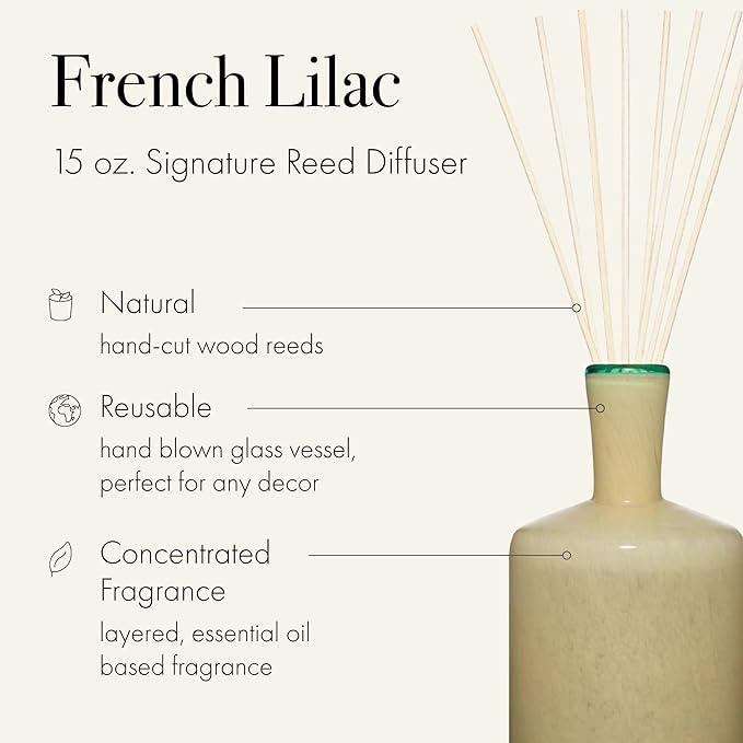 LAFCO New York Signature Reed Diffuser, French Lilac - 15 oz - Up to 9 Months Fragrance Life - Reusable, Hand Blown Glass Vessel - Natural Wood Reeds - Made in The USA
