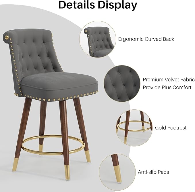 24" Counter Height Bar Stools Set of 4, Swivel Counter Stools with Back, Upholstered Velvet Stools for Kitchen Counter with Wood Legs, Fabric in Gray