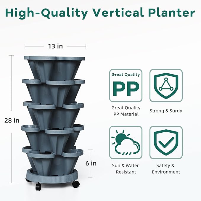 Strawberry Vertical Planters Tower Garden 2 Pack, 5 Tier Stacking Planter with Support Pole, Stackable Herb Planters Indoor Outdoor Dark Grey