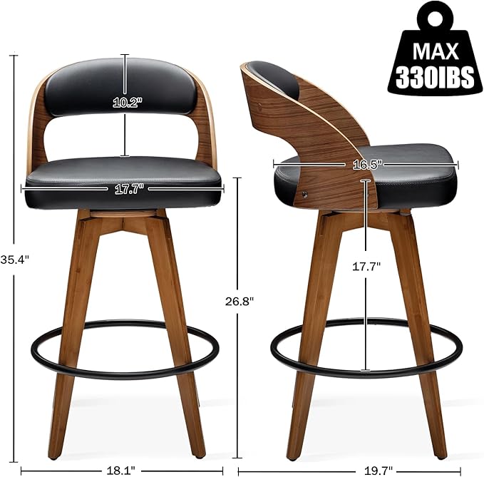 Barstools Set of 3,Counter Height Bar Stools for Kitchen Island,26.8 Inch Modern Upholstered Bar Chair, Swivel Counter Stools with Wood Back and Bamboo Legs (Black-PU)