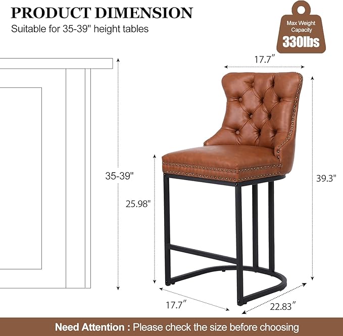 UVV Counter Height Bar Stools Set of 1, 26" Modern Barstools with Back, Faux Leather Upholstery Counter Chairs with Metal Legs for Kitchen Island, Bar, Counter, Brown