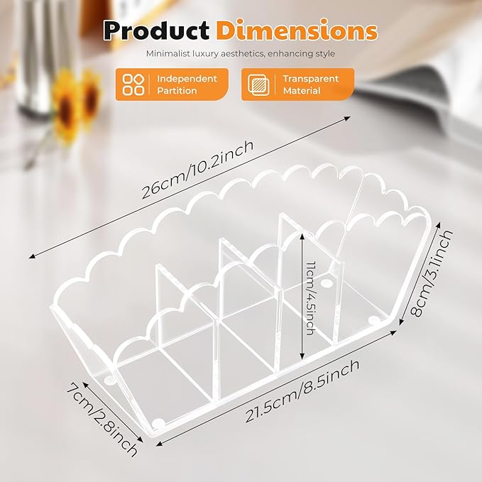 Scalloped Acrylic Pencil Holder – Clear Desk Organizer with 4 Compartments – Makeup Brush Holder & Remote Caddy for Office, Bathroom, Table – Party Accessory