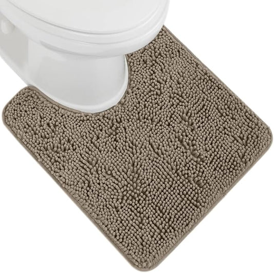 Gorilla Grip Shaggy Chenille Bath Rug Mat for Toilet Base, Machine Washable, Microfiber Dries Quickly, Plush Absorbent Contour Mats for Toilets, Bathroom Decor, Oval U-Shape, 22'' x 19'' x 15'', Latte