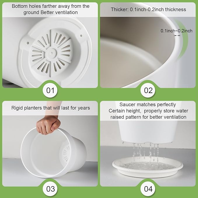 3-Pack 8/9/10 Inch Plastic Plant Pots with Saucers – Durable BPA-Free Planters with 21 Drainage Holes, Raised Bottom Breath and Bottom Watering Design for Indoor & Outdoor – White