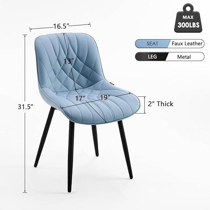 YOUNUOKE Dining Chairs Set of 2 Mid Century Modern Kitchen Chair Comfortable Upholstered Faux Leather Dinner Chairs for Kitchen Dining Room, Blue