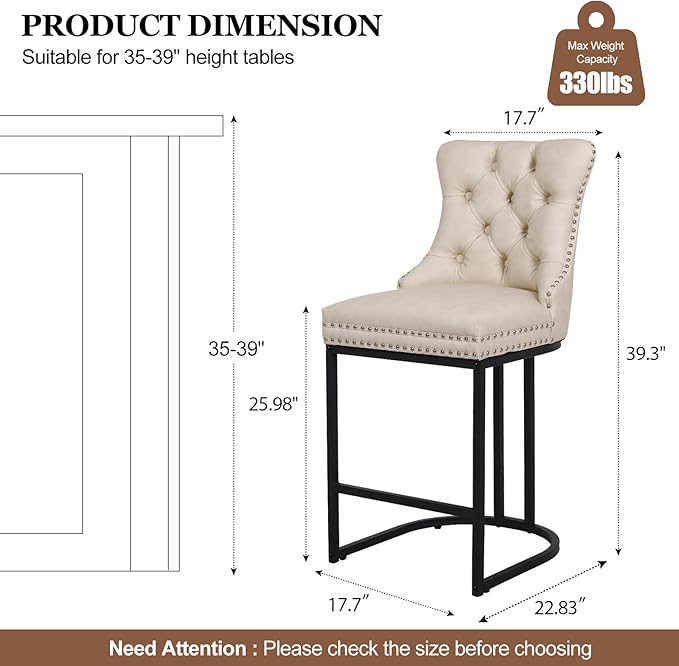 UVV Counter Height Bar Stools Set of 4, 26" Modern Barstools with Back, Faux Leather Upholstery Counter Chairs with Metal Legs for Kitchen Island, Bar, Counter, Beige