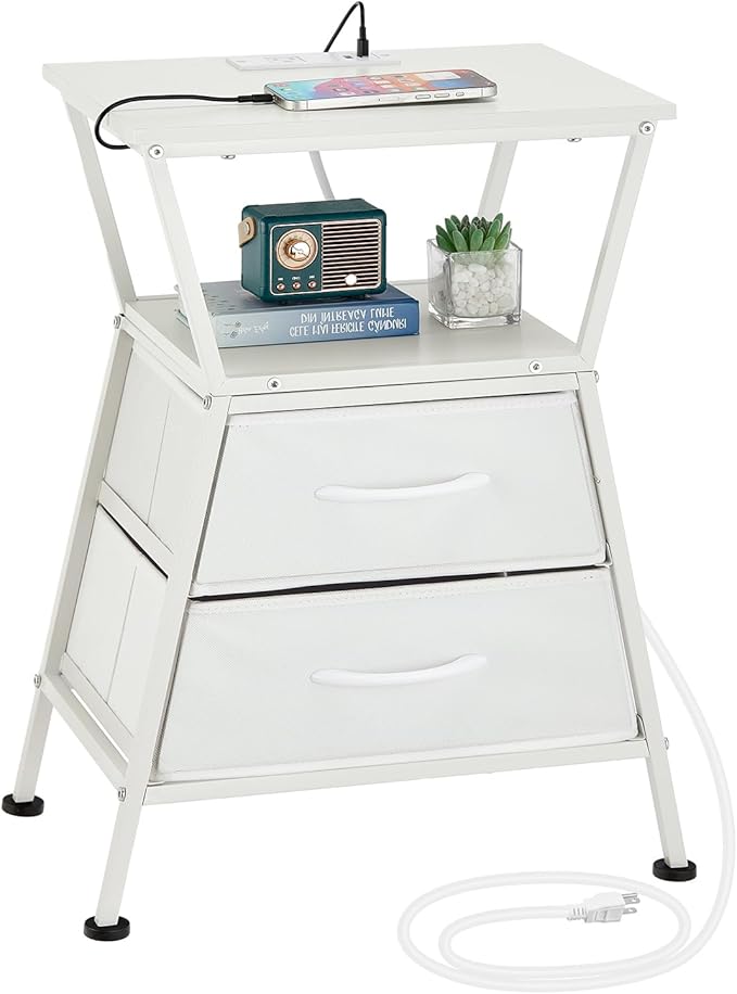 Nightstand with Charging Station, Side Tables for Bedroom with Built-in USB Side Table with 2 USB Ports and Outlets Nightstand with Cloth Drawer End Tables Living Room Sofa Couch