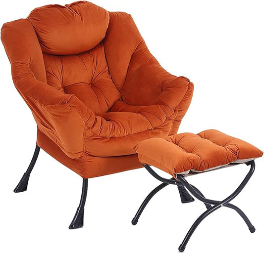 LITA Lazy Chair with Ottoman, Modern Lounge Accent Chair with Armrests and a Side Pocket, Leisure Upholstered Sofa Chair Set, Reading Chair with Footrest for Small Space, Corner Chair,Orange
