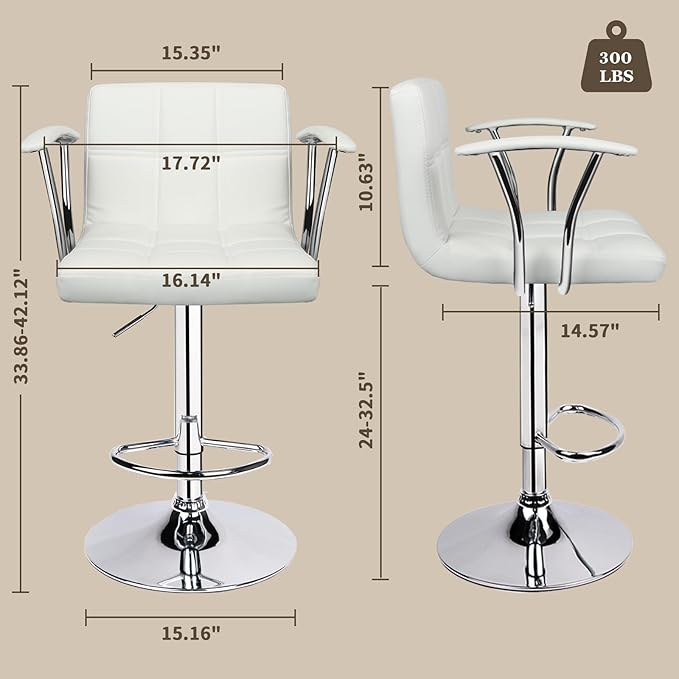 Bar Stools Set of 2,Armrest Adjustable Swivel Barstools with Back,Double Needle PU Leather Counter Height Bar Stools for Kitchen Island, White