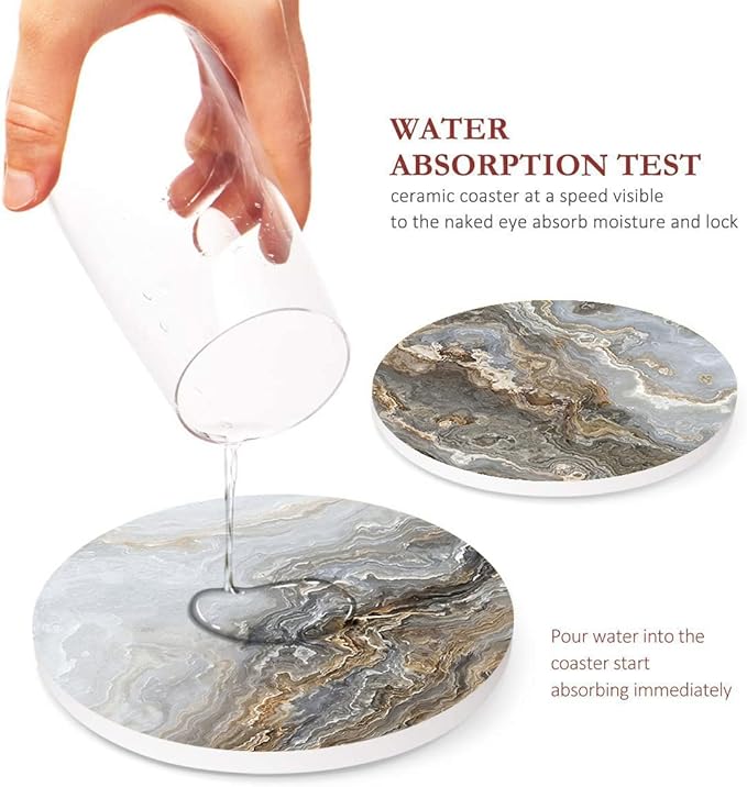 Britimes Coaster for Drinks Set of 6, Grey Marble Golden Stone Agate Table Absorbent Round Ceramic Stone Mat, with Cork Base and Metal Holder, Gift for Housewarming Room Bar Decor