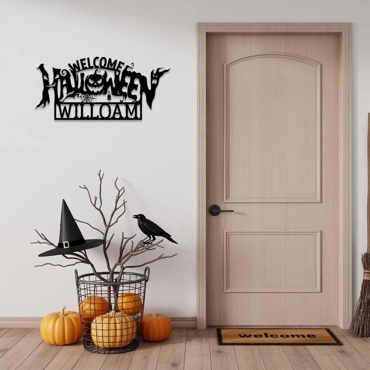 Custom Halloween Family Name Metal Signs, Personalzied Halloween Metal Wall Art with Bats Pumpkins Skull Ghost Spider, Scary Party Decorations, Gothic Home Decor for Home Welcome Sign