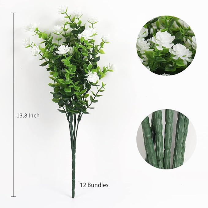 RECUTMS 12 Bundles Artificial Outdoor Plants, Artificial Greenery for Flower Arrangements Shrubs UV Resistant Faux Plastic Plants Spring Decorations for Home Front Porch Decor(White)