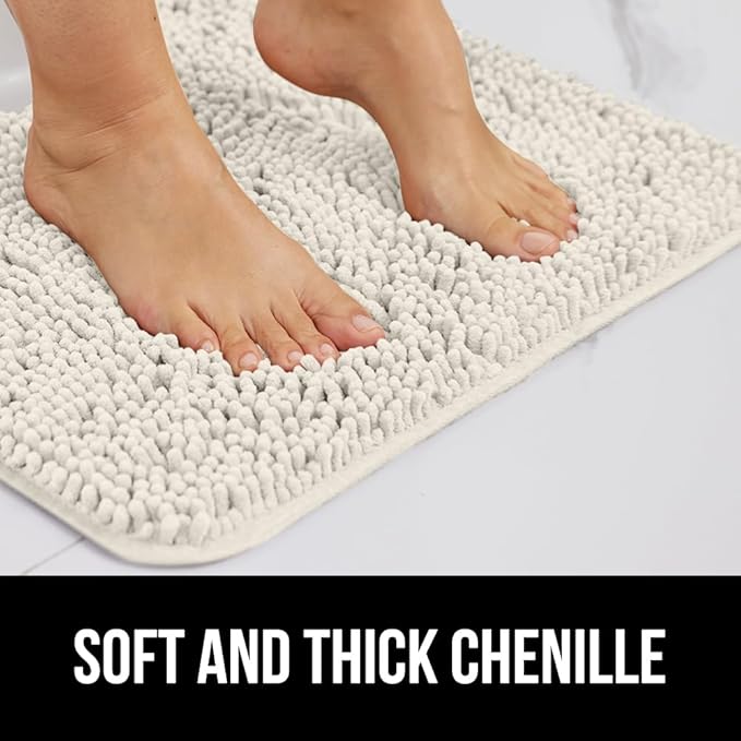 GORILLA GRIP Plush Absorbent Shaggy Chenille Bath Rug Mat for Square Toilet Base with Rubber Backing, Machine Washable Rugs, Soft Microfiber Contour Mats for Toilets, Bathroom Decor, Ivory