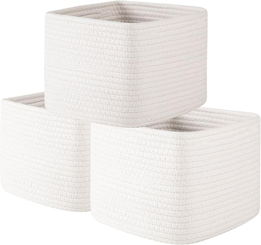 OIAHOMY 9”x9”x7” Storage Cubes, Cotton Rope Woven Baskets for Organizing, Cube Storage Bin, Small Gift Basket for Shelf, 3-Pack, White