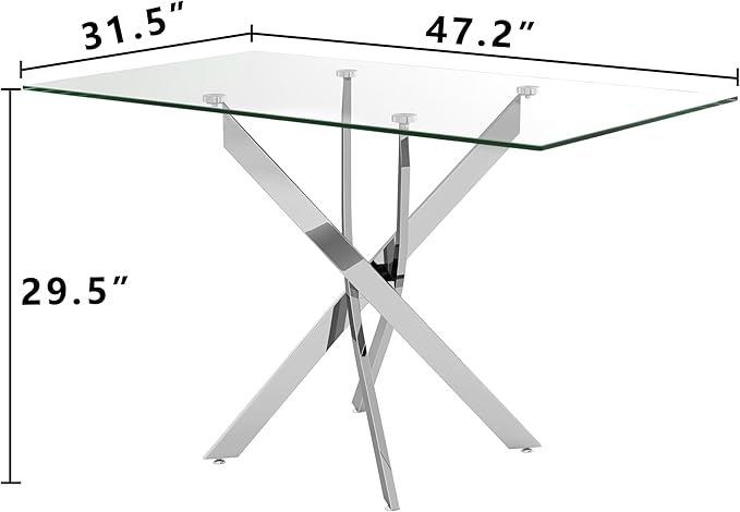 Tempered Glass Dining Table 48 Inch Mordern Rectangular Kitchen Table with Black Metal Legs for Dining Room Kitchen