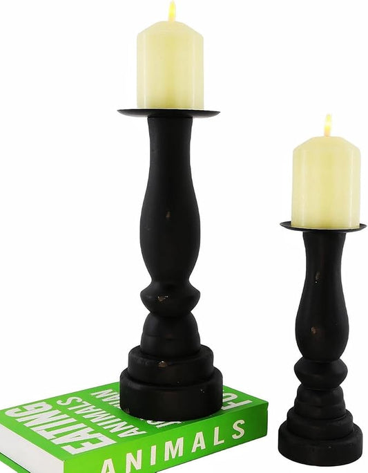 Black Worn Pillar Candle Holder - Rustic Wooden Farmhouse Candlestick Holders for - 2 Piece Set