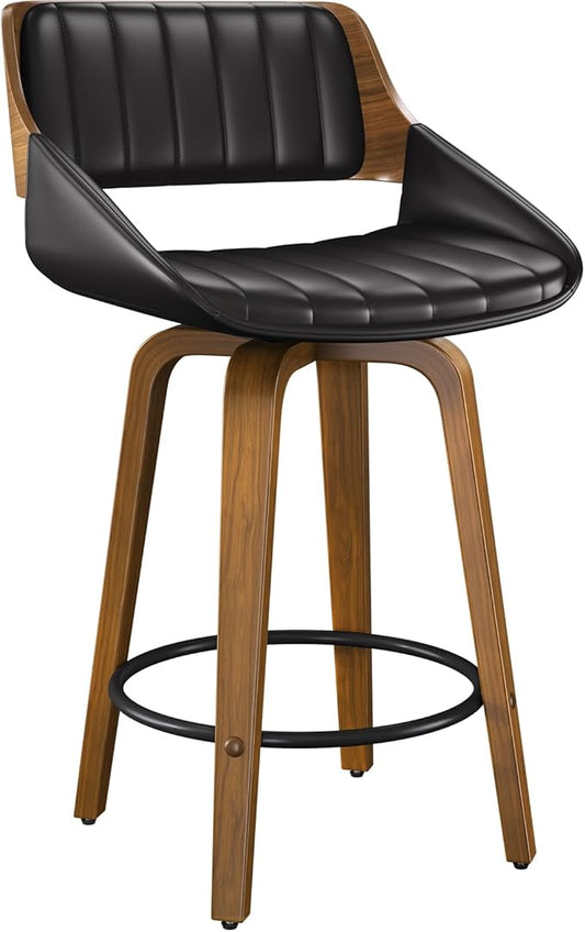 Bar Stools Set of 1, 26" Swivel Counter Height Barstools with Walnut Bentwood Back and Legs, Mid-Century Modern Faux Leather Upholstered Bar Chairs for Kitchen Island, Café, Dining Room, Black