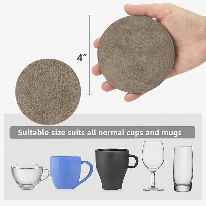 Set of 8 Morgan Faux Leather 4 Inch Round Coasters, Heat & Water Absorbent, Natural Style, Drinks Tabletop Home Dinning, Grey