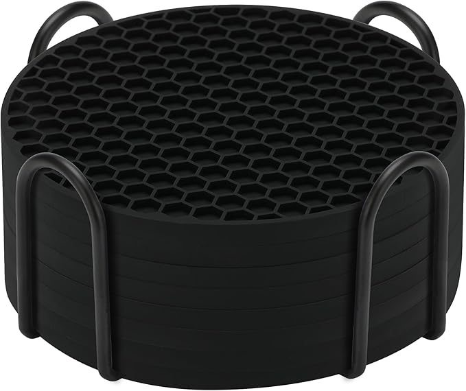 Silicone Coasters Set of 8 with Holder,Coasters for Drinks,Beer,Coffee Coasters,Suitable for Kinds Cups,Hot or Cold,Anti-SLI,Non-Stick,Anti-Overflow Tabletop Protection and Decor (8 Pcs, Black)