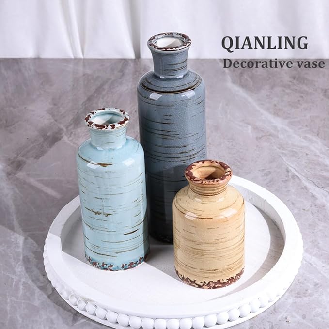 Ceramic Vase Set of 3, Small Flower Vases Home Decor, Modern Rustic Farmhouse Pottery Vases for Centerpieces, Living Room, Kitchen, Shelf, Bedroom, Bathroom, Fireplace, Table Shelf and Entryway Decor