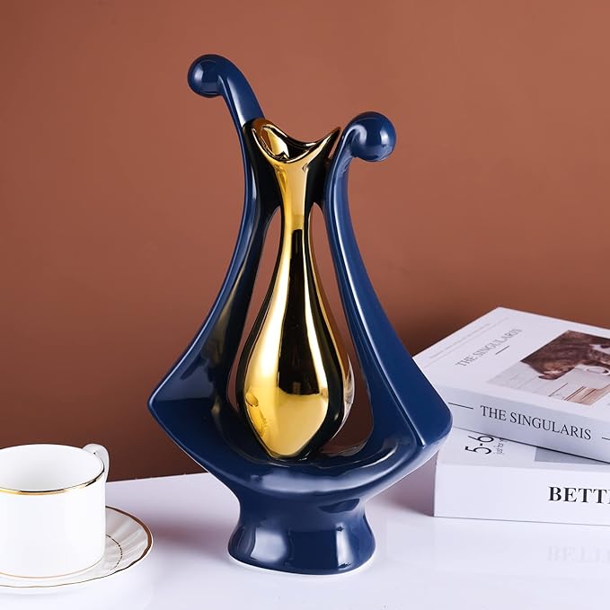 Navy Blue Gold Abstract Art Ceramic Vases for Home Décor Accent,Nordic Modern Minimalist Vases for Flowers,Shelf,Table Centerpieces,Bookshelf,Fireplace Mantle,Rustic,Wedding,Mid Century Décor