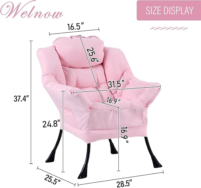 Welnow Lazy Chair for Living Room, Modern Reading Lounge Accent Chair with Armrests and a Side Pocket, Leisure Upholstered Lazy Sofa for Small Space, Bedroom, Dorm, Pink