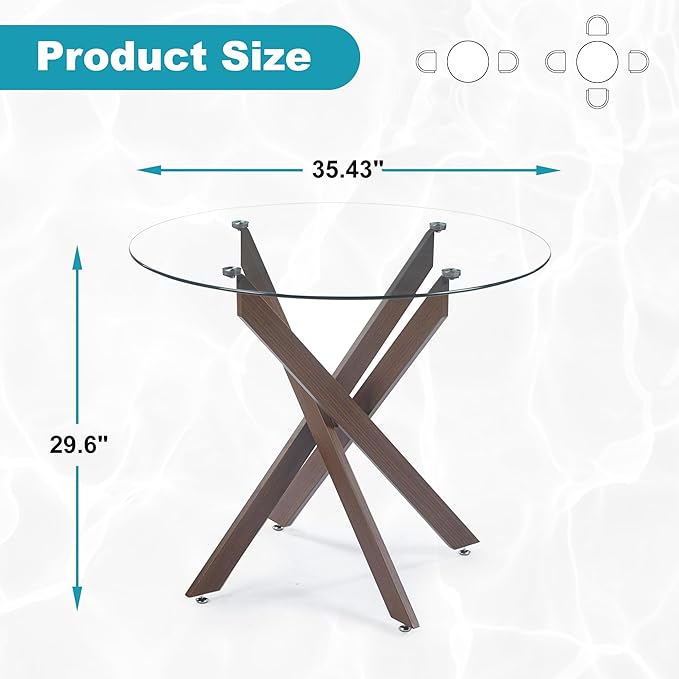 Dining Table for 4 Modern Round Dining Table 35.43" Kitchen & Dining Room Tables with Metal Legs and Glass Tabletop for Dining Room and Apartment, Brown
