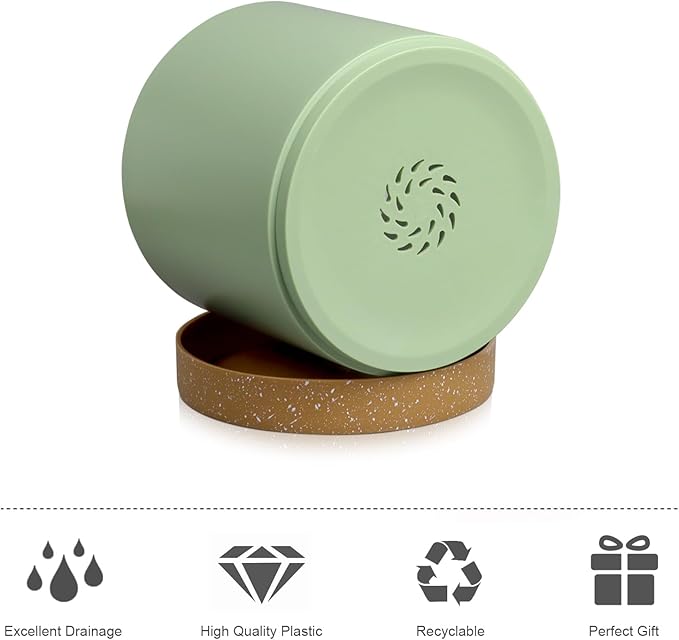 5 Pack Cylindrical Flower Pots with 7/6.5/6/5/4 inch, Modern Small Plastic Plant Pots with Drainage Holes & Saucers, Round Planter Pots for Outdoor, Indoor & Office Decor (Green Brown)