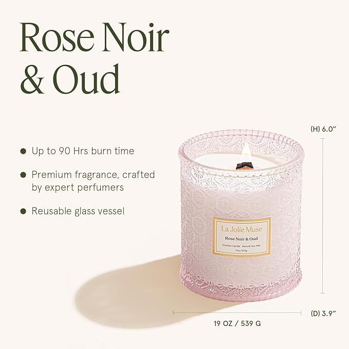 LA JOLIE MUSE Rose Noir & Oud Candle, 19 Oz, Pink Rose Scented Candle Gift, Wood Wicked Large Candles for Home Scented, Long Burning Time