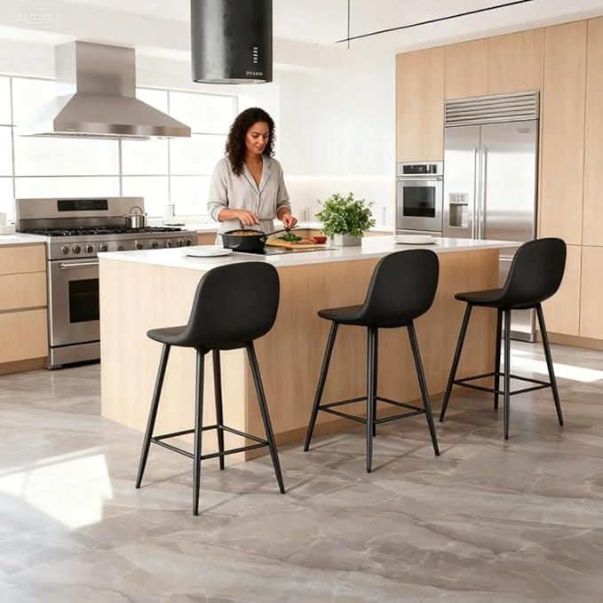 Black Bar Stools Set of 2,Faux Leather Counter Height Bar Stools,24.6" Bar Chairs with Back Metal Footrest,Modern Counter Stool with Back and Footrest for Kitchen Island Restaurants Pubs