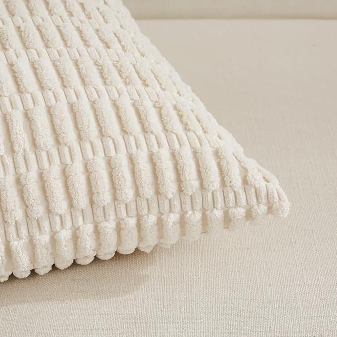 Fancy Homi 2 Packs Cream Samll Decorative Throw Pillow Covers 14x14 Inch for Living Room Couch Bed Sofa, Rustic Farmhouse Boho Home Decor, Soft Striped Corduroy Rectangle Cushion Case 35x35 cm