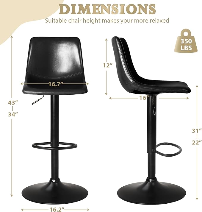 LEMBERI Bar Stools Set of 4, Modern Swivel Bar Adjustable Barstools Counter Height with Backrest, Faux Leather Upholstered Bar Chair for Kitchen Island (Black)