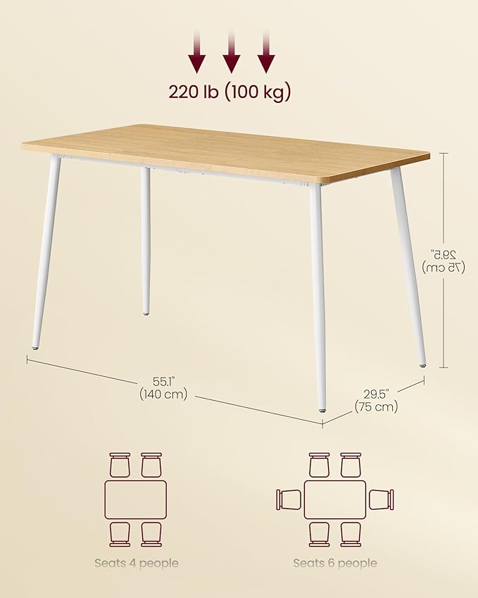 VASAGLE Dining Table, Dining Room Table for 4-6 People, Modern Farmhouse, for Kitchen, Quick Assembly, Heat-Resistant Surface, 29.5 x 55.1 x 29.5 Inches, Golden Oak and Cloud White UKDT100N01V2