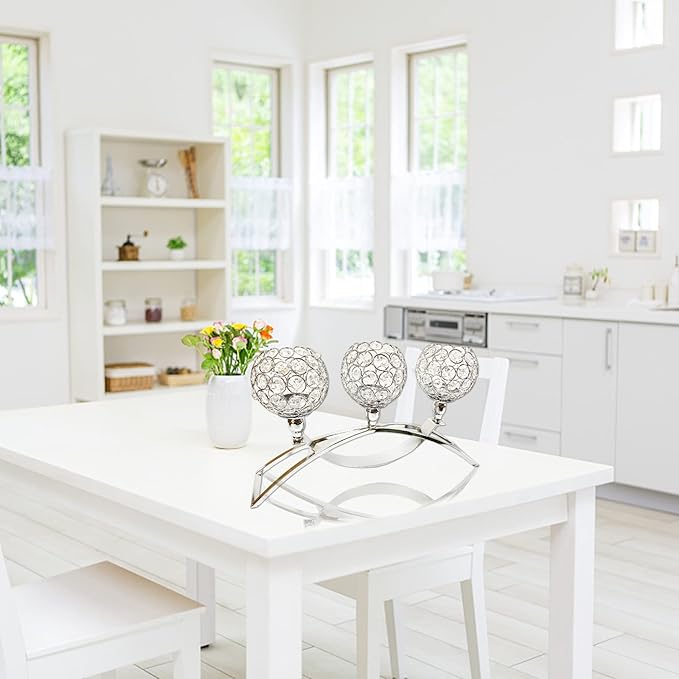 Crystal Candle Holders, 3 Arms Crystal Candelabras, Coffee Table Decorative Centerpieces for Living Room,Dinning Room Christmas Decoration, Wedding Decor,Home Decor,Wedding Gifts(Silver)