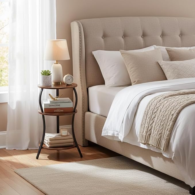 Vintage Small Round Side Table, 3-Tier Slim Waist Circular End Table with Storage Shelf, Compact Tea Sofa Table, Round Corner Coffee Table Nightstand for Living Room Bedroom Small Spaces,Rustic Brown