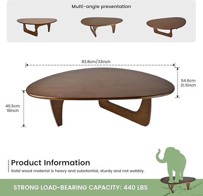 Solid Wooden Modern Triangle Coffee Table: Unique Funky Coffee Tables for Living Room, Oval Mid-Century Irregular Abstract Tea Tables for Patio Office Balcony Bedroom (Walnut, 33" L x 22" W x 16" H)