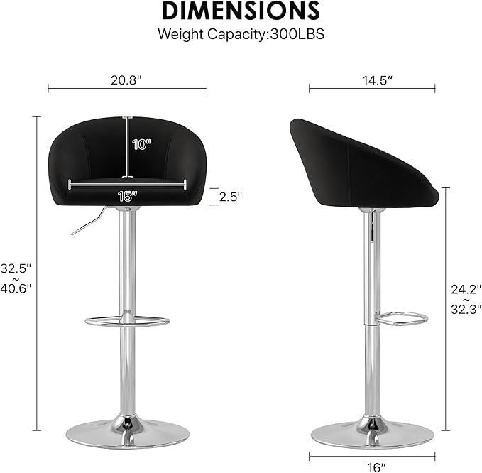 KCC Velvet Bar Stools Set of 4, Counter Height Bar Stools with Low Back, Swivel Barstool for Kitchen Island, Bar Pub (Black)