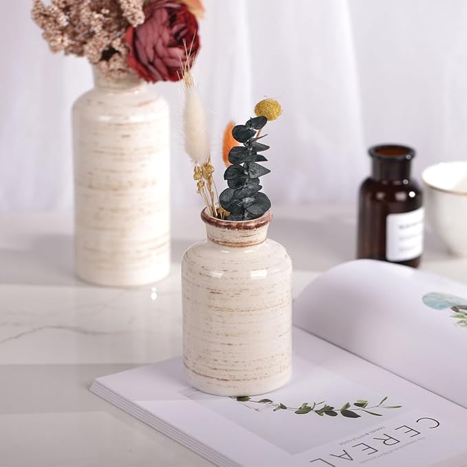 Ceramic Vase 3 Piece Set, Farmhouse Decor Ceramic Small Vases for Country Home, Decorative Vases for Centerpieces, Living Room, Table, Fireplace, Entryway and Modern Rustic Home Decor